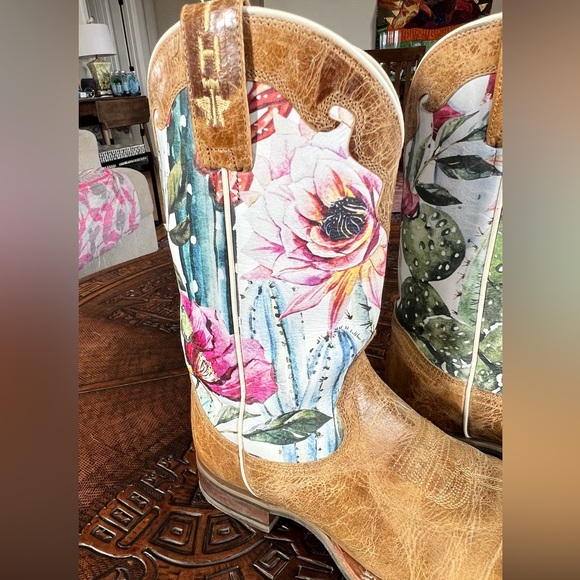 Tin Haul Tan Leather Cowboy Boots with bright floral pattern - Picture 3 of 12